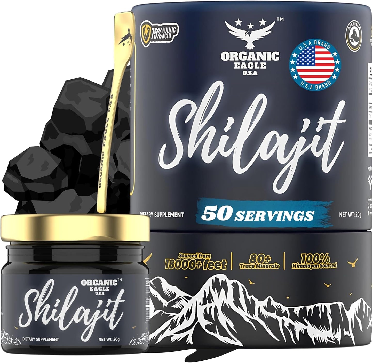 100% Pure Organic Eagle U.S.A. Himalayan Shilajit for Energy & Immunity | 50 Servings | 80+ Trace Minerals, 75%+ Fulvic Acid | Lab Tested | Men & Women Booster