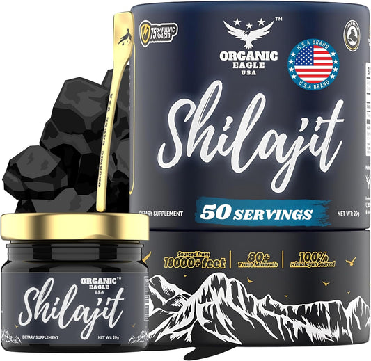 100% Pure Organic Eagle U.S.A. Himalayan Shilajit for Energy & Immunity | 50 Servings | 80+ Trace Minerals, 75%+ Fulvic Acid | Lab Tested | Men & Women Booster