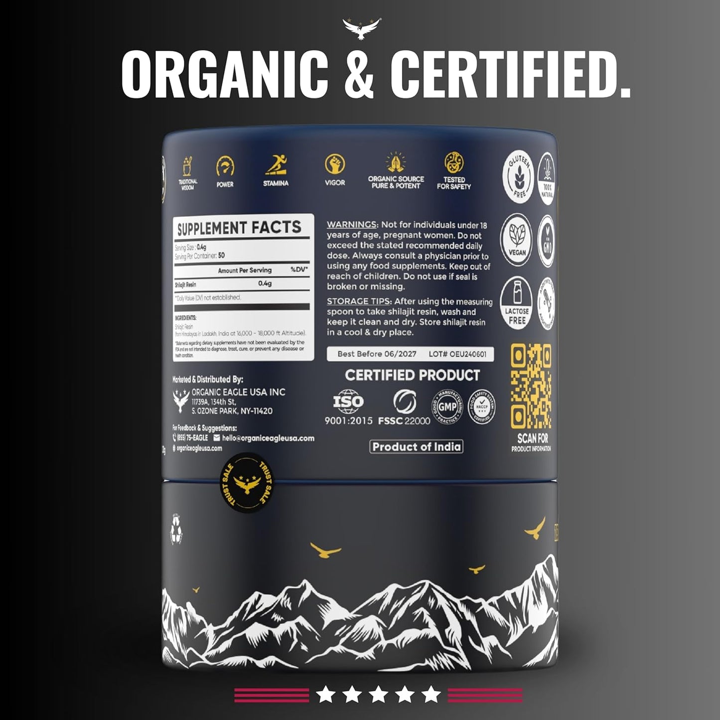 100% Pure Organic Eagle U.S.A. Himalayan Shilajit for Energy & Immunity | 50 Servings | 80+ Trace Minerals, 75%+ Fulvic Acid | Lab Tested | Men & Women Booster