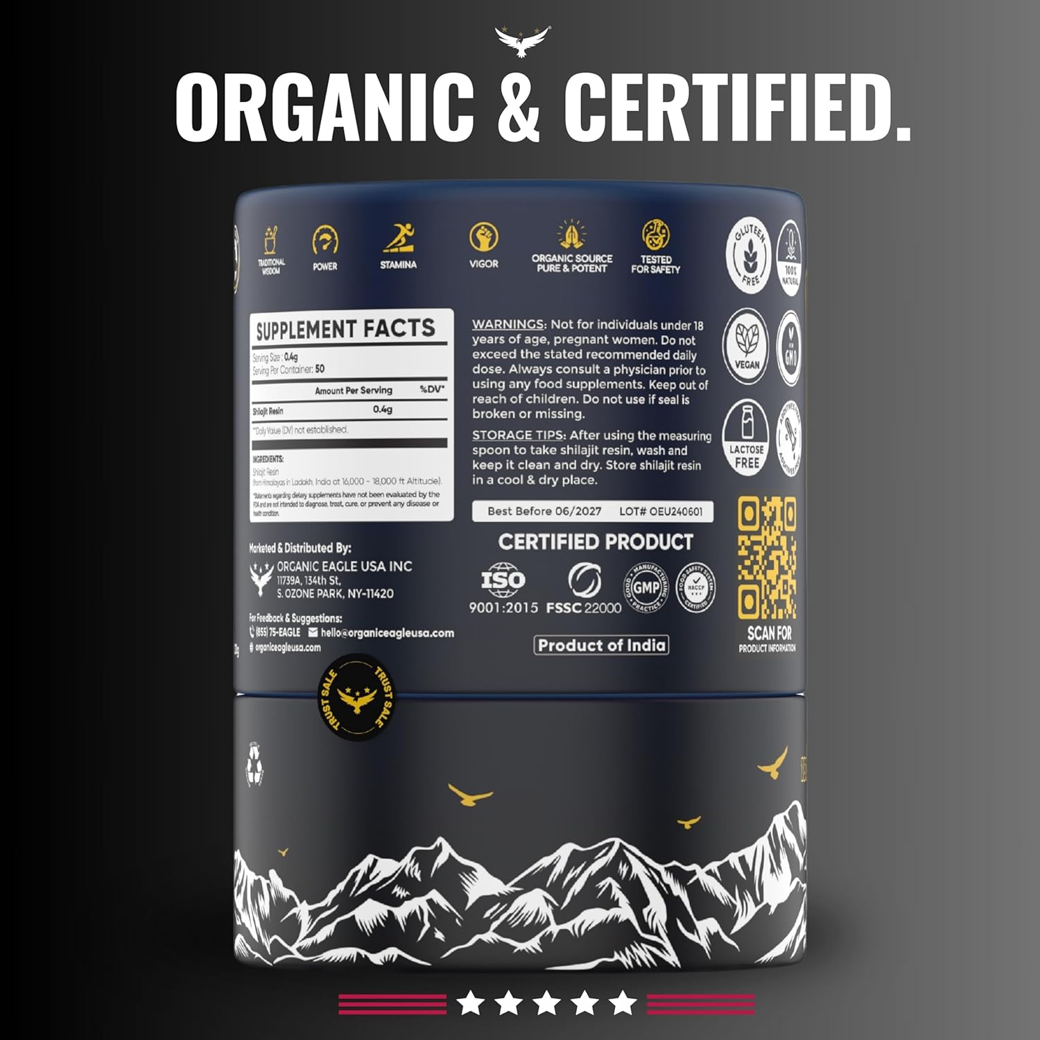 100% Pure Organic Eagle U.S.A. Himalayan Shilajit for Energy & Immunity | 50 Servings | 80+ Trace Minerals, 75%+ Fulvic Acid | Lab Tested | Men & Women Booster