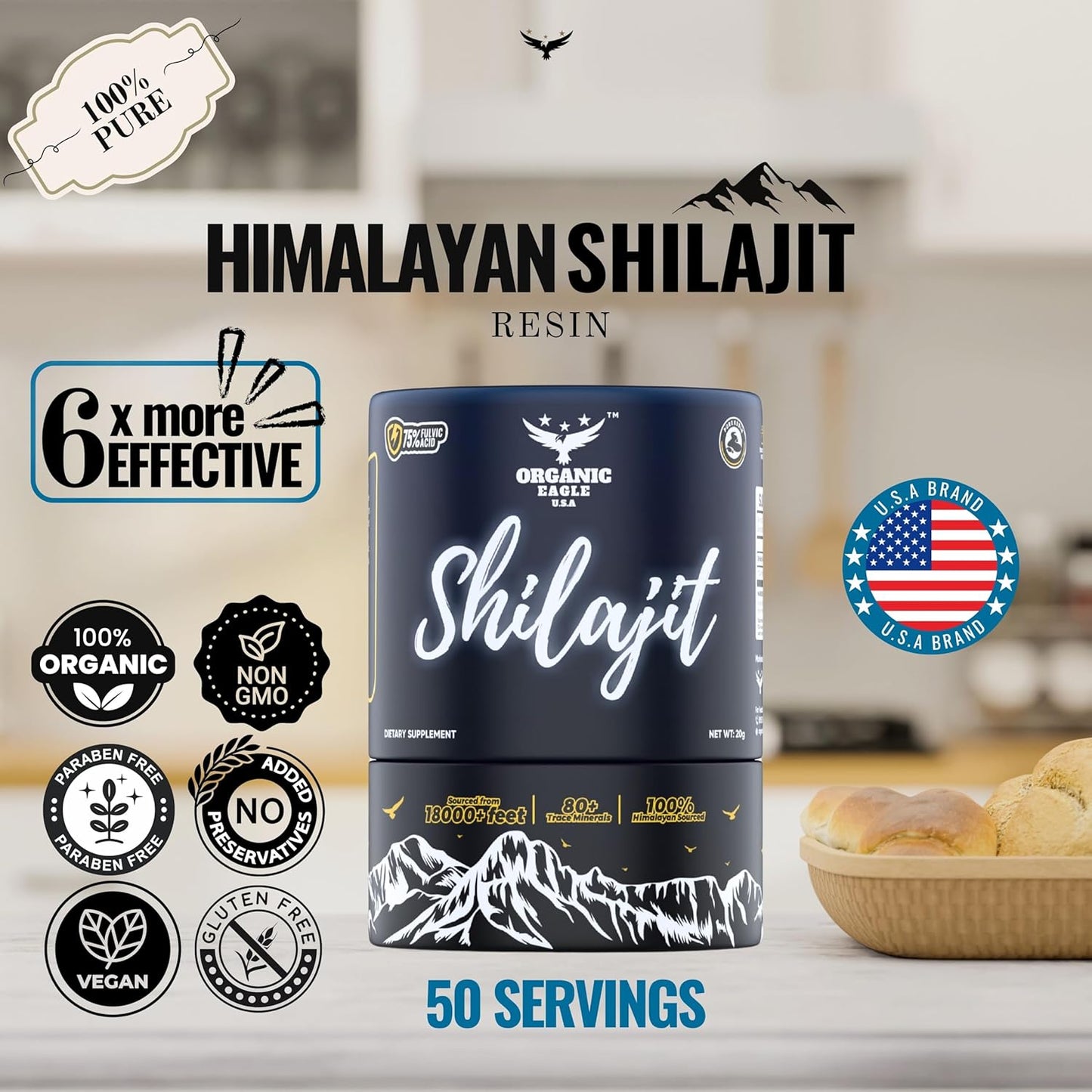 100% Pure Organic Eagle U.S.A. Himalayan Shilajit for Energy & Immunity | 50 Servings | 80+ Trace Minerals, 75%+ Fulvic Acid | Lab Tested | Men & Women Booster