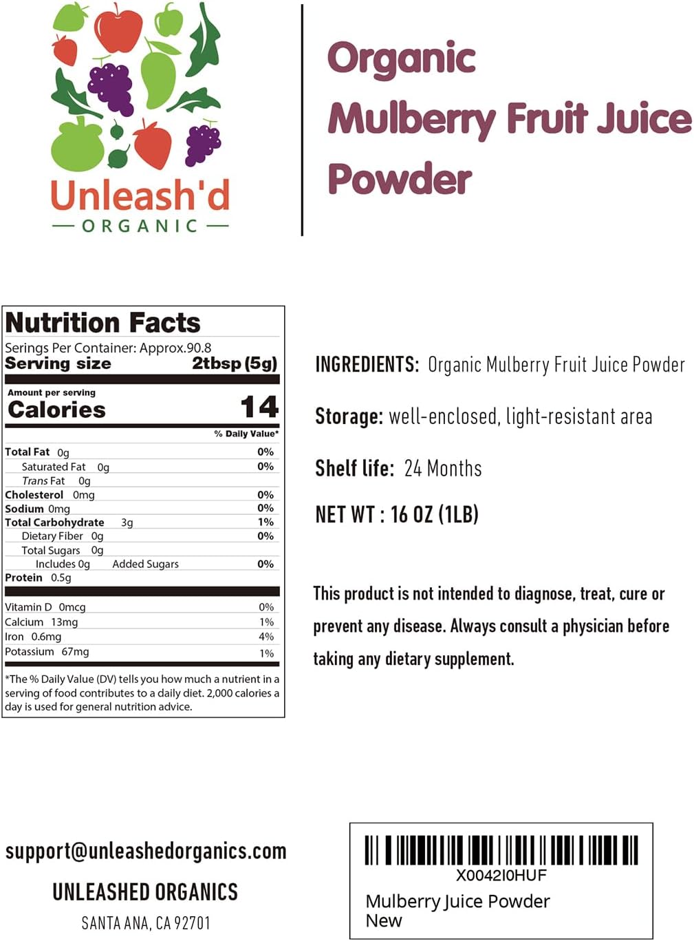 100% Pure Organic Mulberry Juice Powder - 16 oz - Supports Liver & Kidney - Rich in Vitamins - Green Superfood