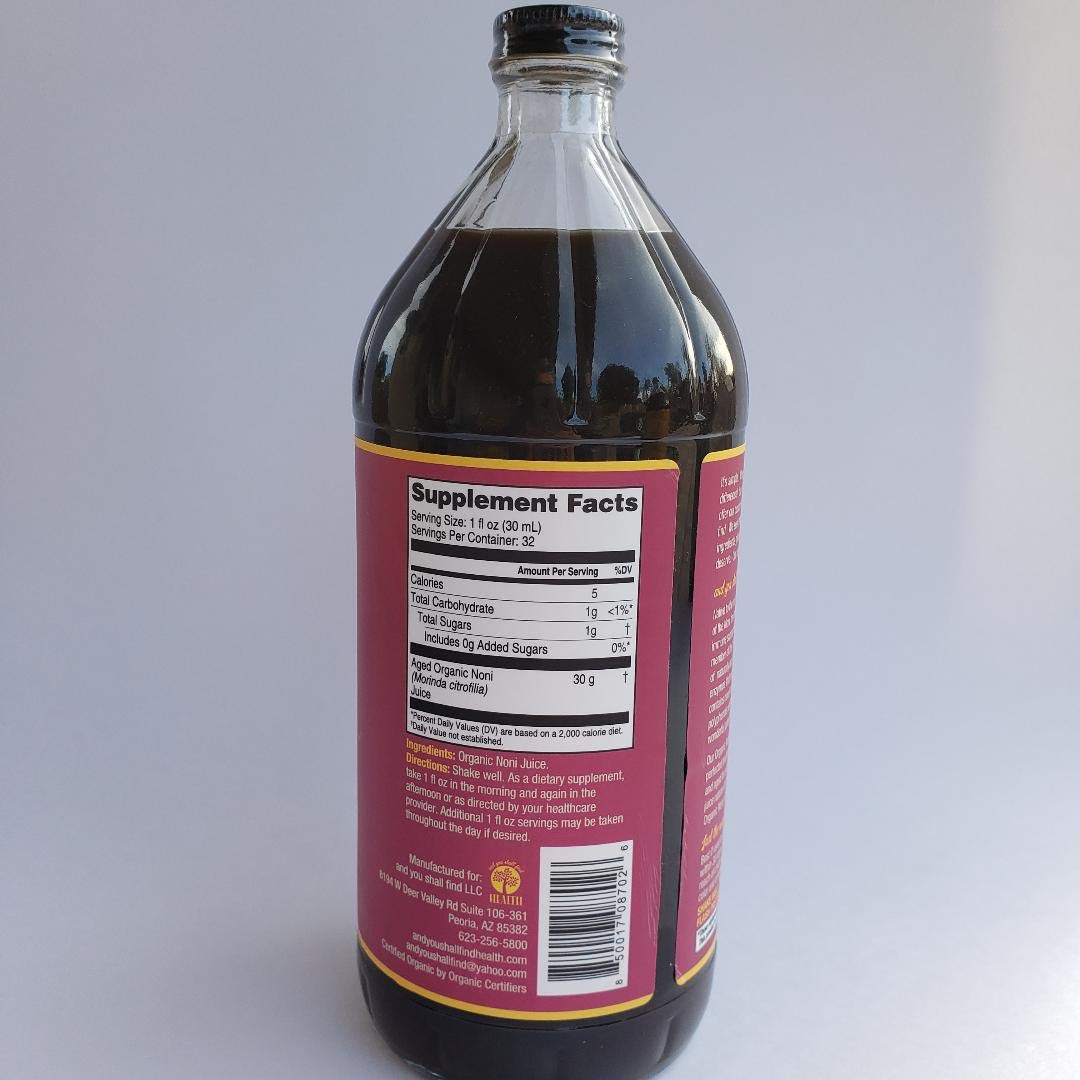 100% Pure Organic Noni Fruit Juice in 32oz Glass Bottle - Rich in Flavanols, Minerals, and Vitamins - Gluten-Free & Vegan - 30g Noni Superfruit Per Serving