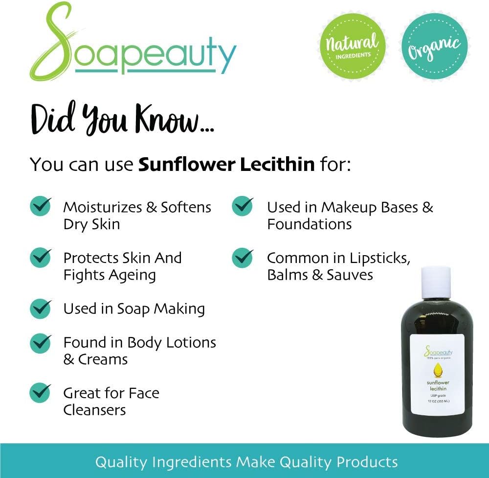 100% Pure Sunflower Lecithin Liquid Oil for Skin Moisturizer, Soap Making, and Lotion - Cold Pressed Unrefined, USP Grade, Unbleached - Available in Various Sizes (16 oz)