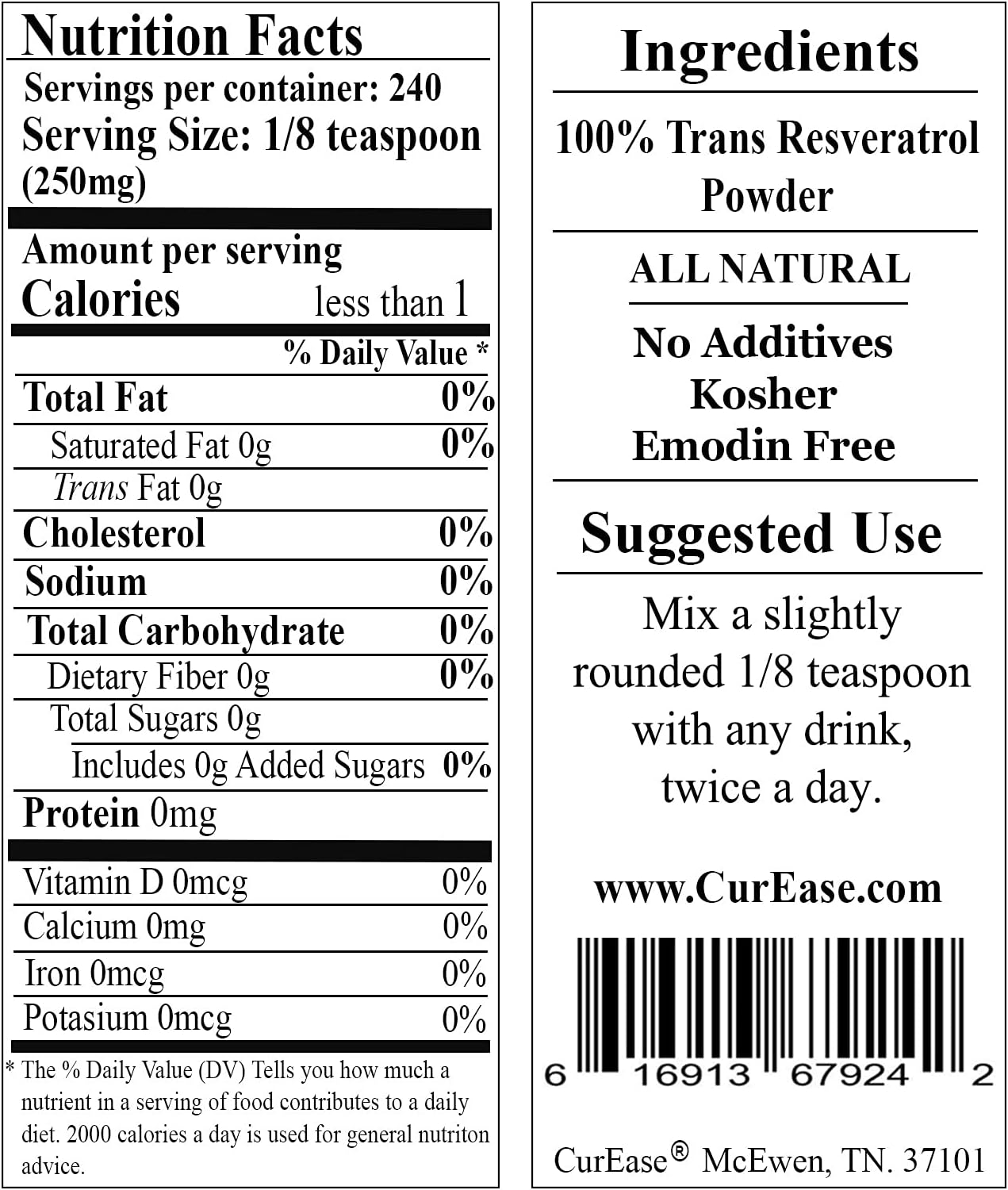 100% Pure Trans Resveratrol Powder - 240 Servings (2.1 oz / 60g) - 250mg Per Serving by CurEase