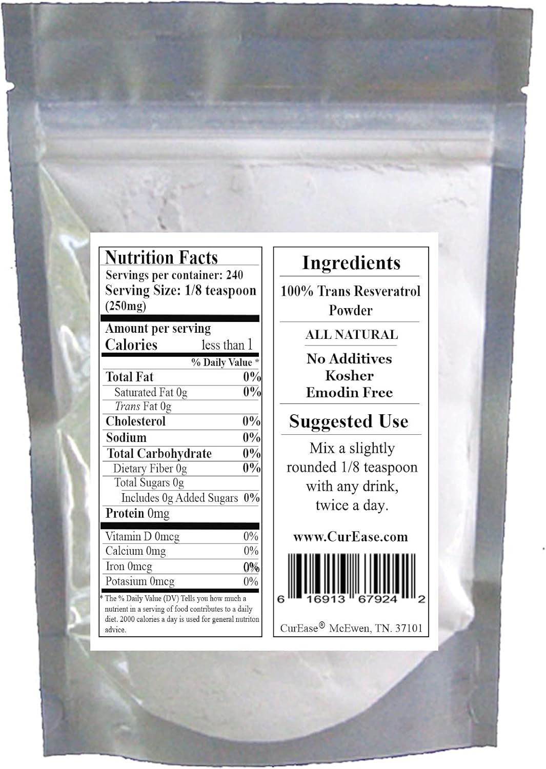 100% Pure Trans Resveratrol Powder - 240 Servings (2.1 oz / 60g) - 250mg Per Serving by CurEase