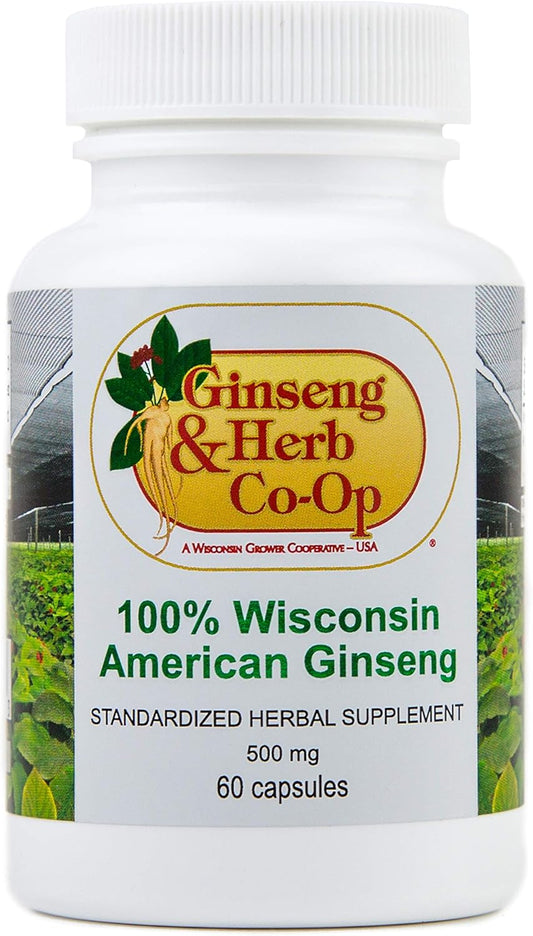 100% Pure Wisconsin American Ginseng Capsules - 500mg - Potent Ground Ginseng Root from Wisconsin Grower Cooperative