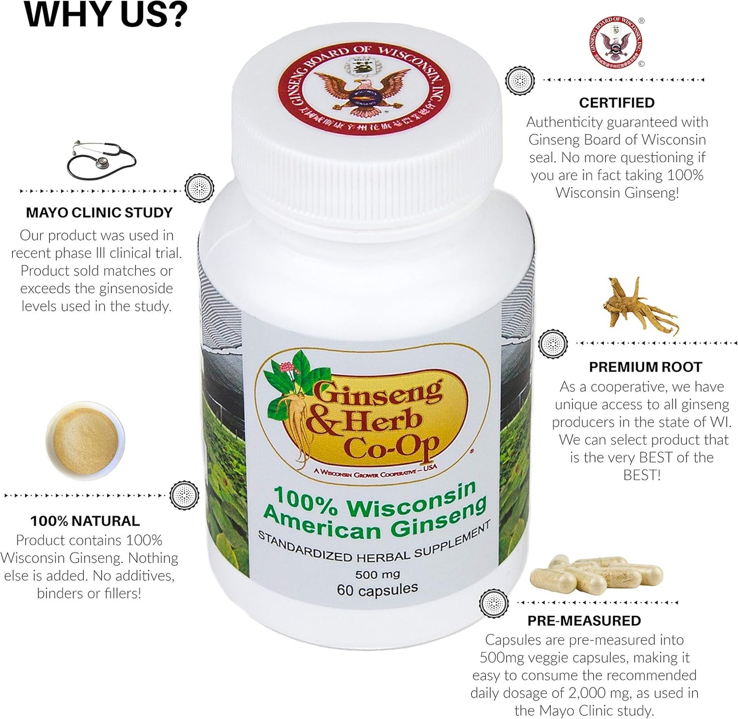 100% Pure Wisconsin American Ginseng Capsules - 500mg - Potent Ground Ginseng Root from Wisconsin Grower Cooperative