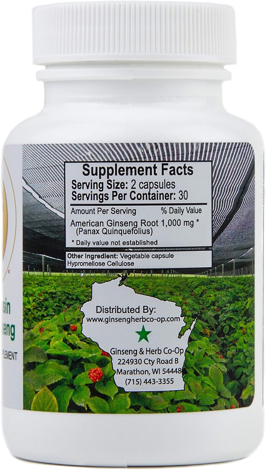 100% Pure Wisconsin American Ginseng Capsules - 500mg - Potent Ground Ginseng Root from Wisconsin Grower Cooperative
