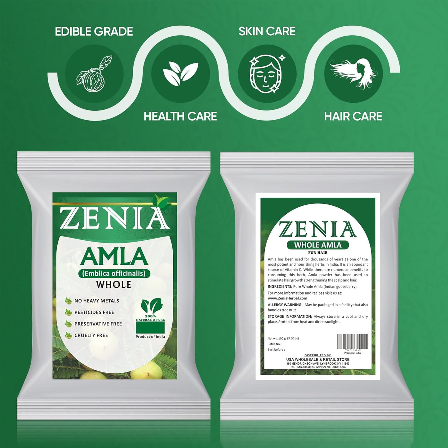 100% Raw Zenia Whole Dried Amla Herb - 100g (3.5oz) - Edible Grade for Herbal Hair Treatment