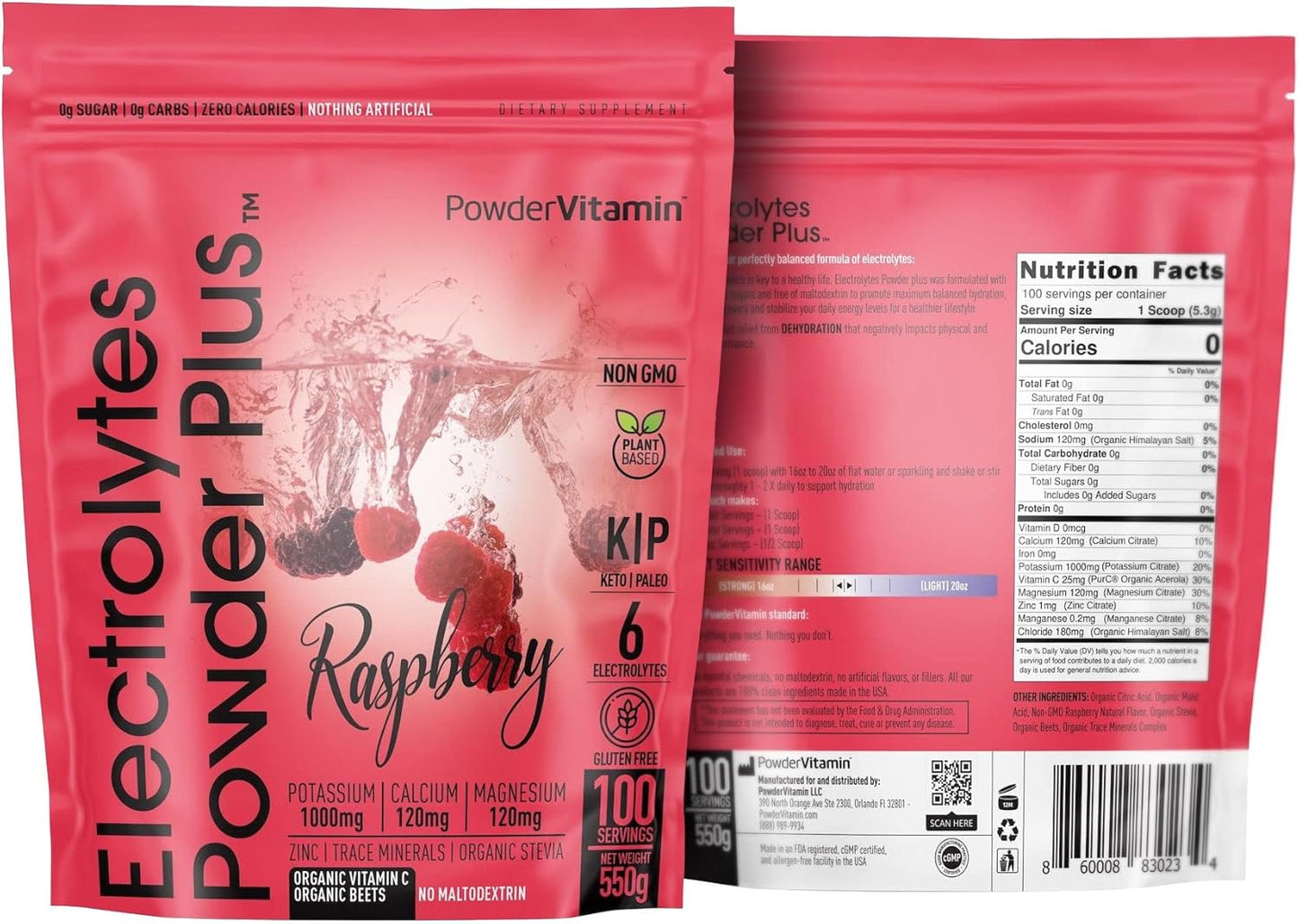 100 Serving Raspberry Electrolyte Powder with PowderVitamin - Zero Calorie, Keto Friendly, 1000mg Potassium, 120mg Calcium, 120mg Magnesium for Energy Hydration