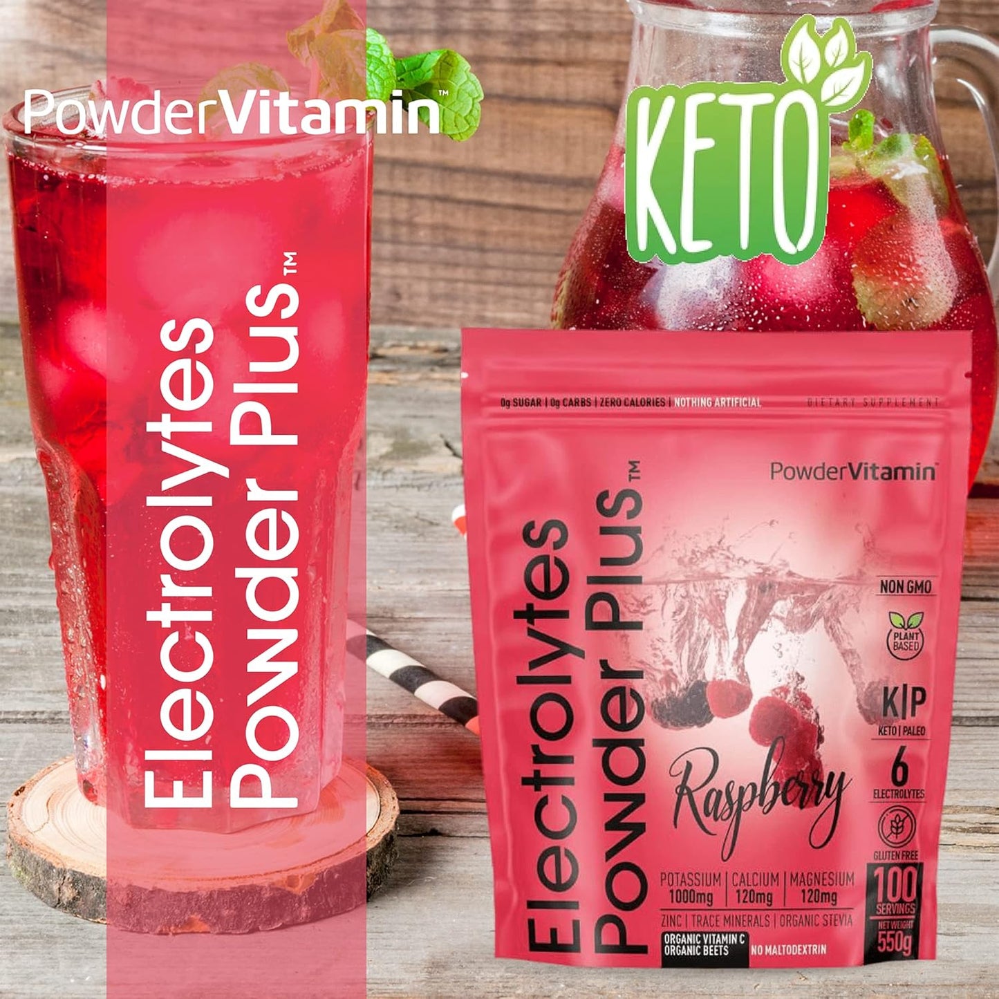 100 Serving Raspberry Electrolyte Powder with PowderVitamin - Zero Calorie, Keto Friendly, 1000mg Potassium, 120mg Calcium, 120mg Magnesium for Energy Hydration