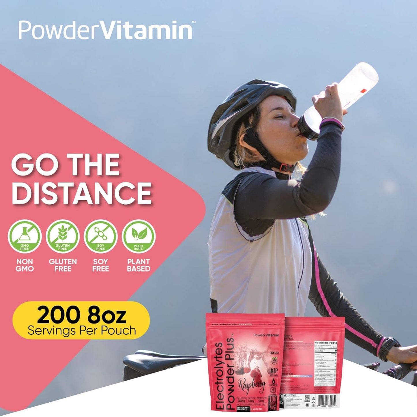 100 Serving Raspberry Electrolyte Powder with PowderVitamin - Zero Calorie, Keto Friendly, 1000mg Potassium, 120mg Calcium, 120mg Magnesium for Energy Hydration