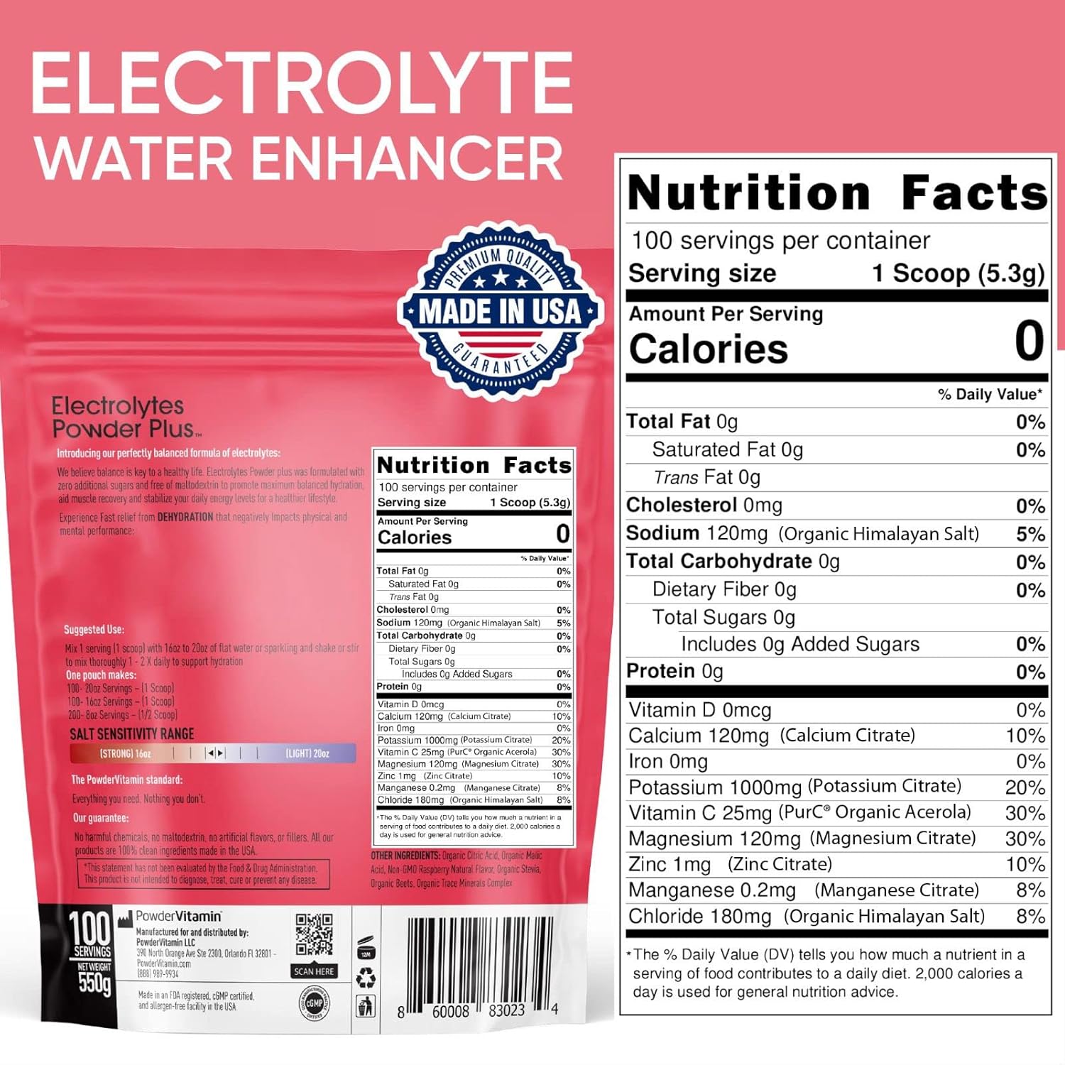 100 Serving Raspberry Electrolyte Powder with PowderVitamin - Zero Calorie, Keto Friendly, 1000mg Potassium, 120mg Calcium, 120mg Magnesium for Energy Hydration