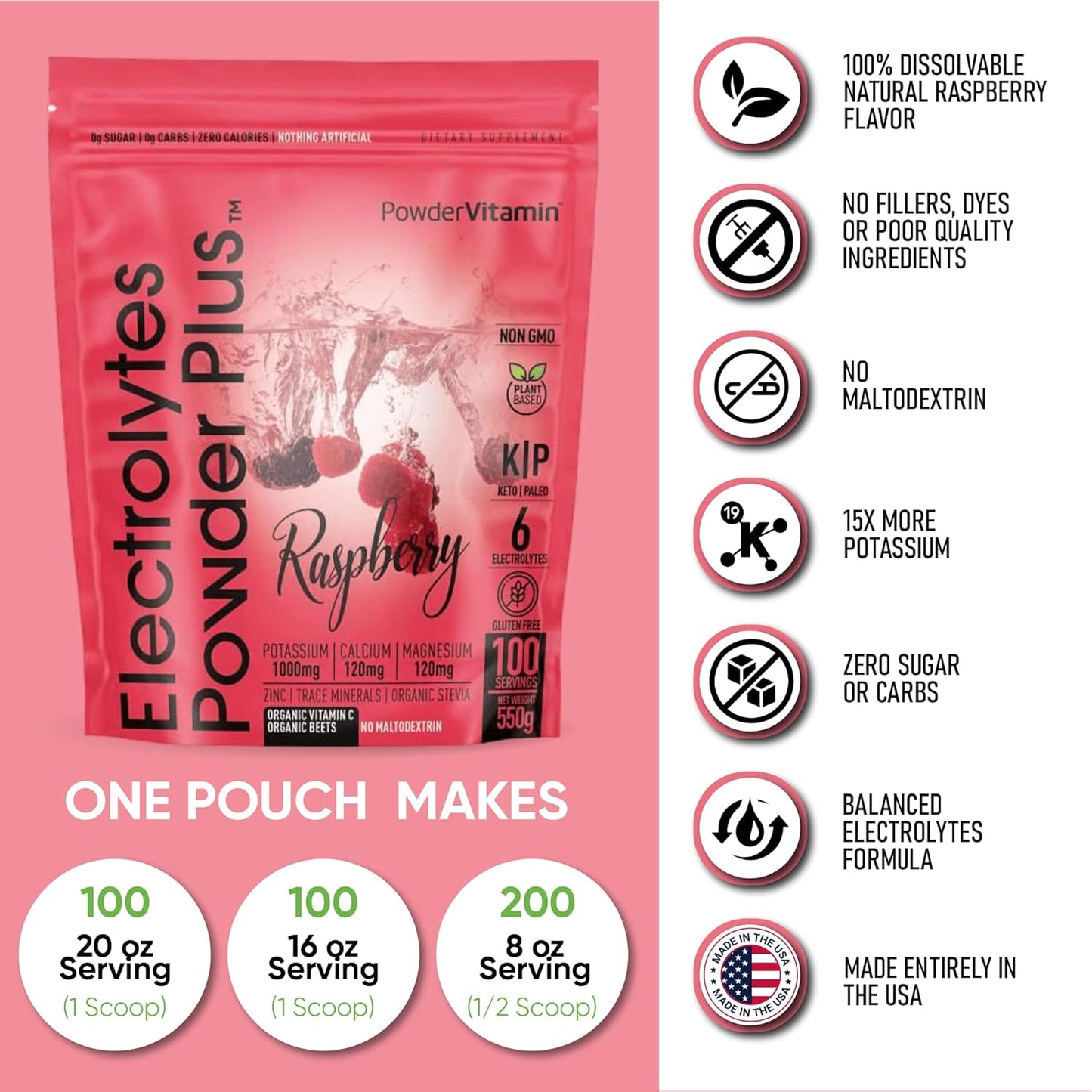 100 Serving Raspberry Electrolyte Powder with PowderVitamin - Zero Calorie, Keto Friendly, 1000mg Potassium, 120mg Calcium, 120mg Magnesium for Energy Hydration