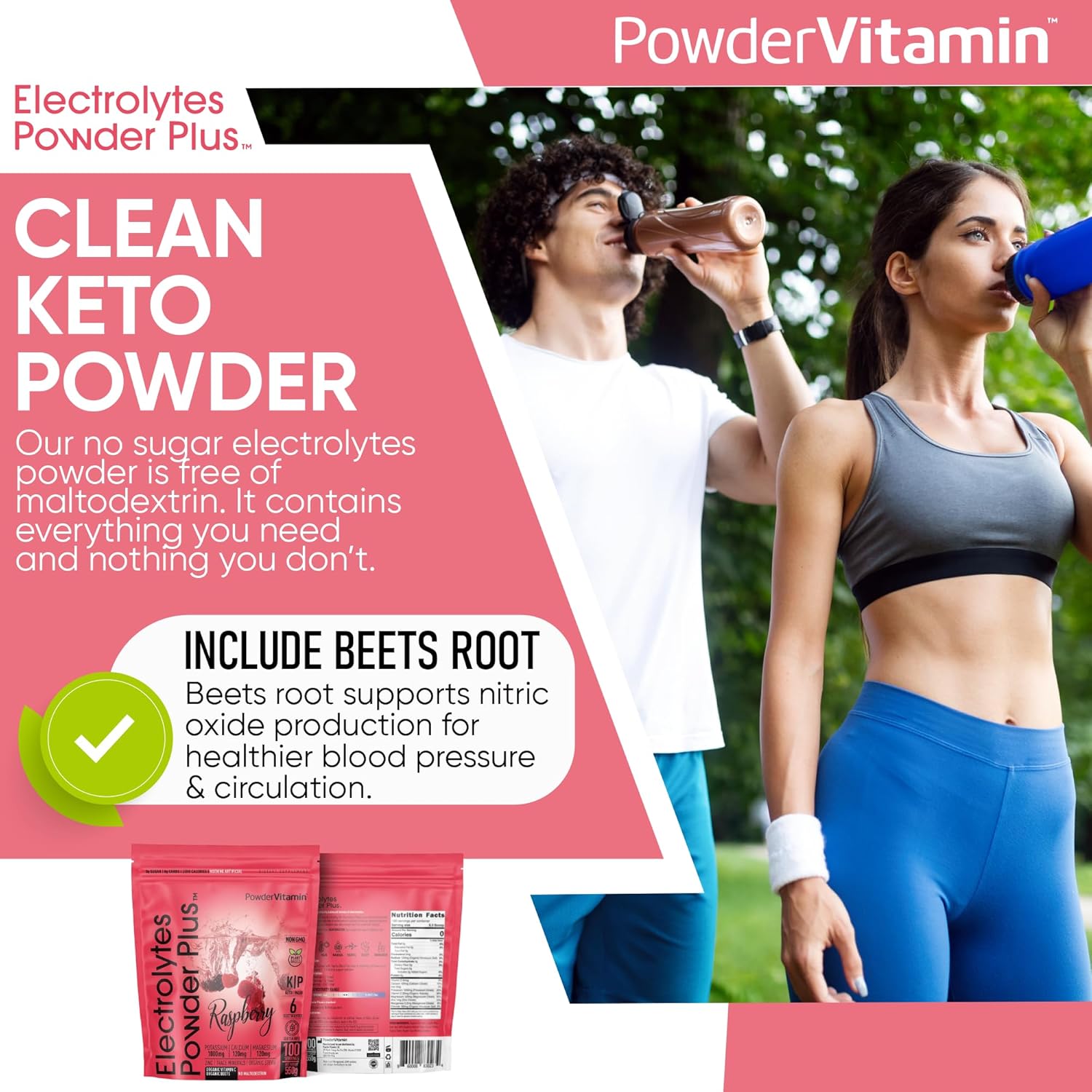 100 Serving Raspberry Electrolyte Powder with PowderVitamin - Zero Calorie, Keto Friendly, 1000mg Potassium, 120mg Calcium, 120mg Magnesium for Energy Hydration