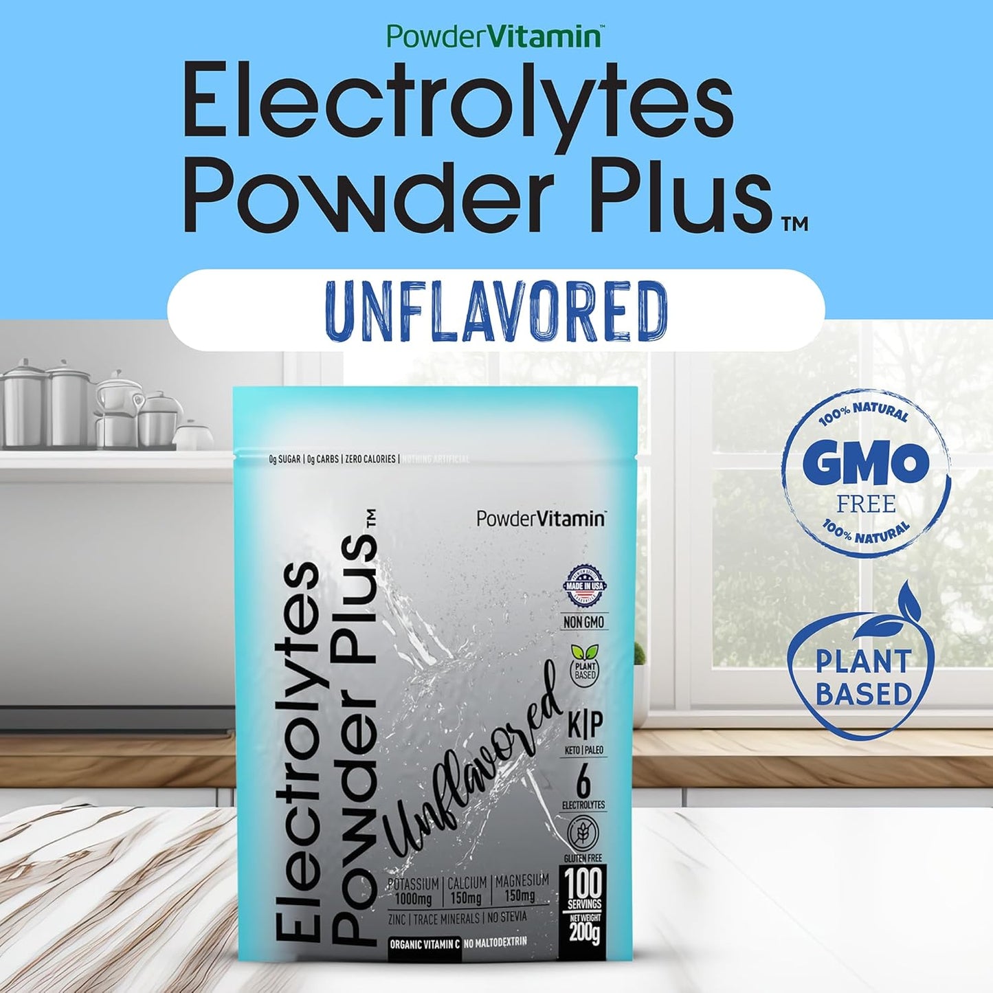 100 Servings Electrolyte Powder with Vitamin and Minerals for Keto Diet - Unflavored, Sugar Free, No Stevia, 1000mg Potassium, 150mg Calcium, 150mg Magnesium - Hydration Supplement