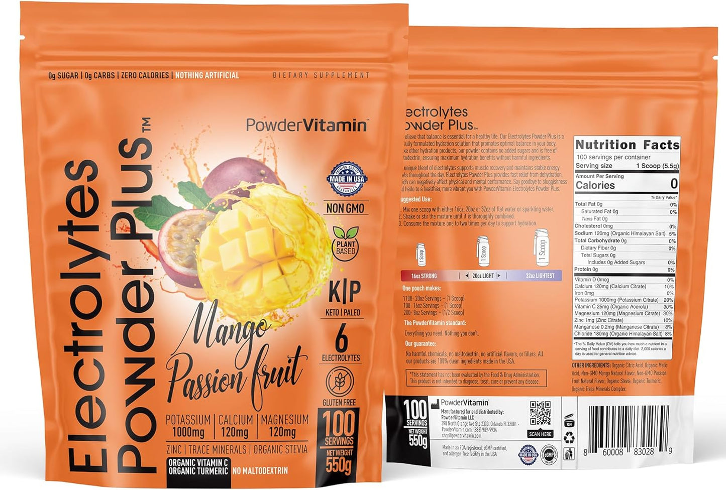 100 Servings Mango Passionfruit Electrolyte Powder with Vitamin Plus - Zero Calorie Keto Friendly Hydration Powder - 1000mg Potassium, 120mg Calcium, 120mg Magnesium - No Sugar or Maltodextrin