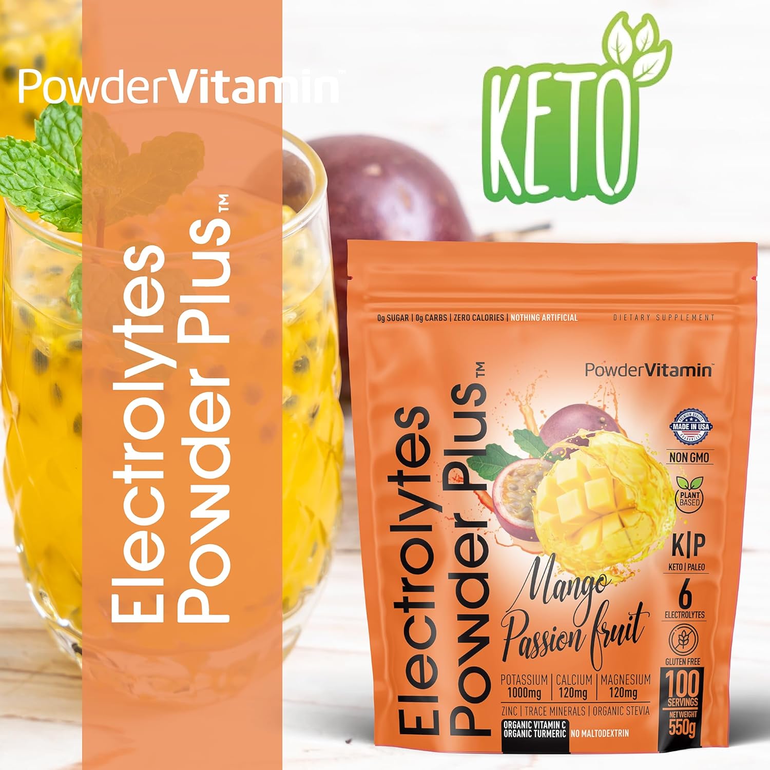 100 Servings Mango Passionfruit Electrolyte Powder with Vitamin Plus - Zero Calorie Keto Friendly Hydration Powder - 1000mg Potassium, 120mg Calcium, 120mg Magnesium - No Sugar or Maltodextrin