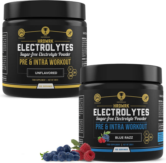 100 Servings MMA Nutrition HRDWRK Keto Electrolytes Powder: Sugar-Free Hydration Supplement for Endurance and Reduced Fatigue - Unflavored & Blue Raspberry Flavor
