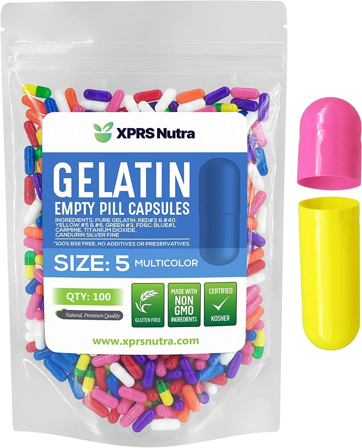 100 Size 5 XPRS Nutra Empty Gelatin Capsules for DIY Filling - Small Fillable Pill Capsules in Multi Colors