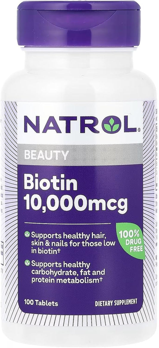 100 Tablets of Natrol Biotin Max Strength 10000 Mcg for Hair, Skin, and Nail Health