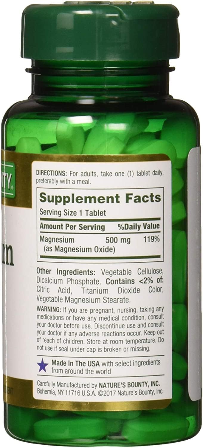 100 Tablets of Nature's Bounty Magnesium Oxide 500mg - Dietary Supplement for Muscle Health and Nerve Function