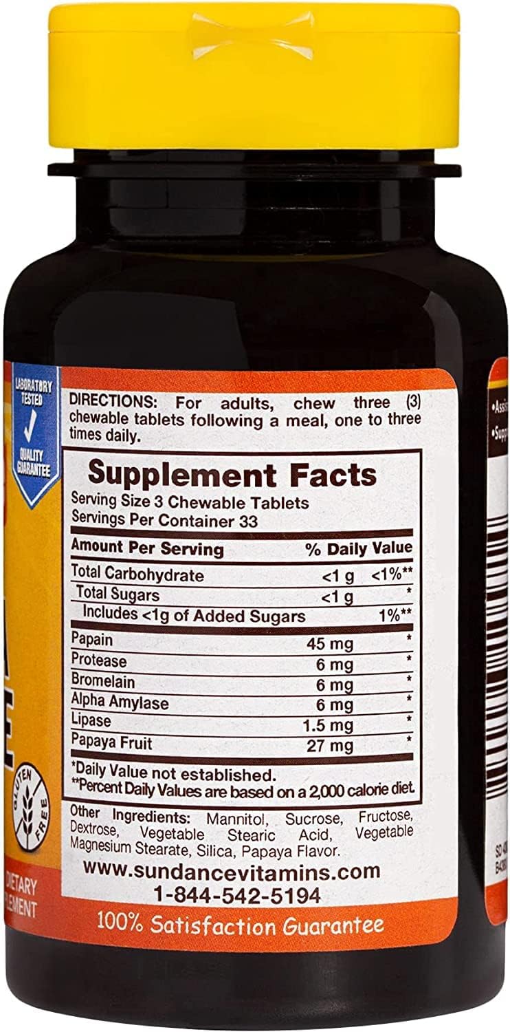 100 Tablets of Sundance Chewable Papaya Enzyme Supplement for Digestive Health and Nutrient Absorption