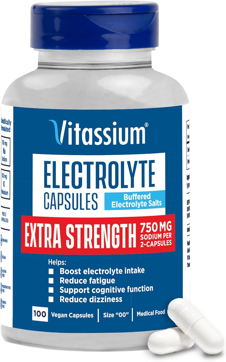 100 Unflavored Vitassium Extra Strength Electrolyte Capsules, 750mg Sodium for POTS & High Sodium Diets