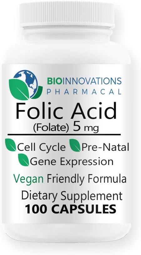 100 Vegan Capsules of BioInnovations Pharmacal Folic Acid Folate 5mg for Prenatal & Reproductive Health, Metabolism, Cardiovascular, Bone, Immune Support - Non GMO & Allergen Free