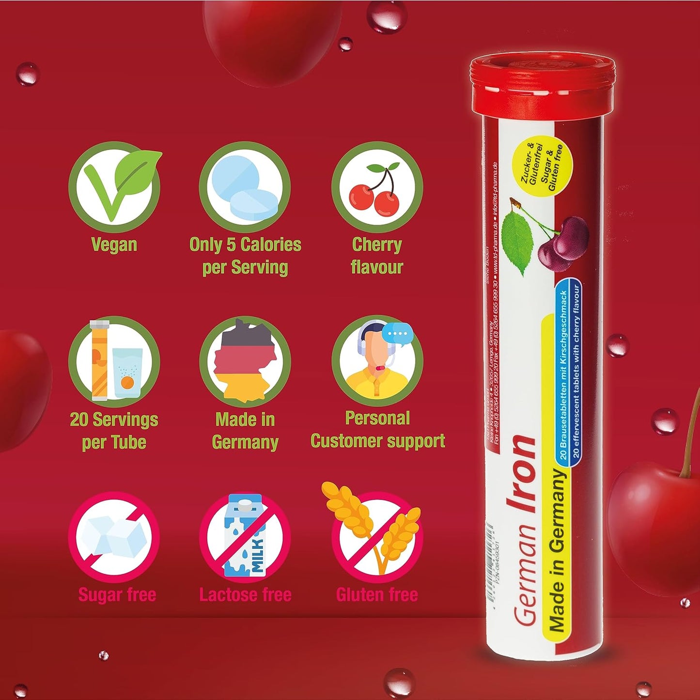 100 Vegan Effervescent Iron Tablets - 14 mg - Cherry Flavor - Made in Germany by T&D