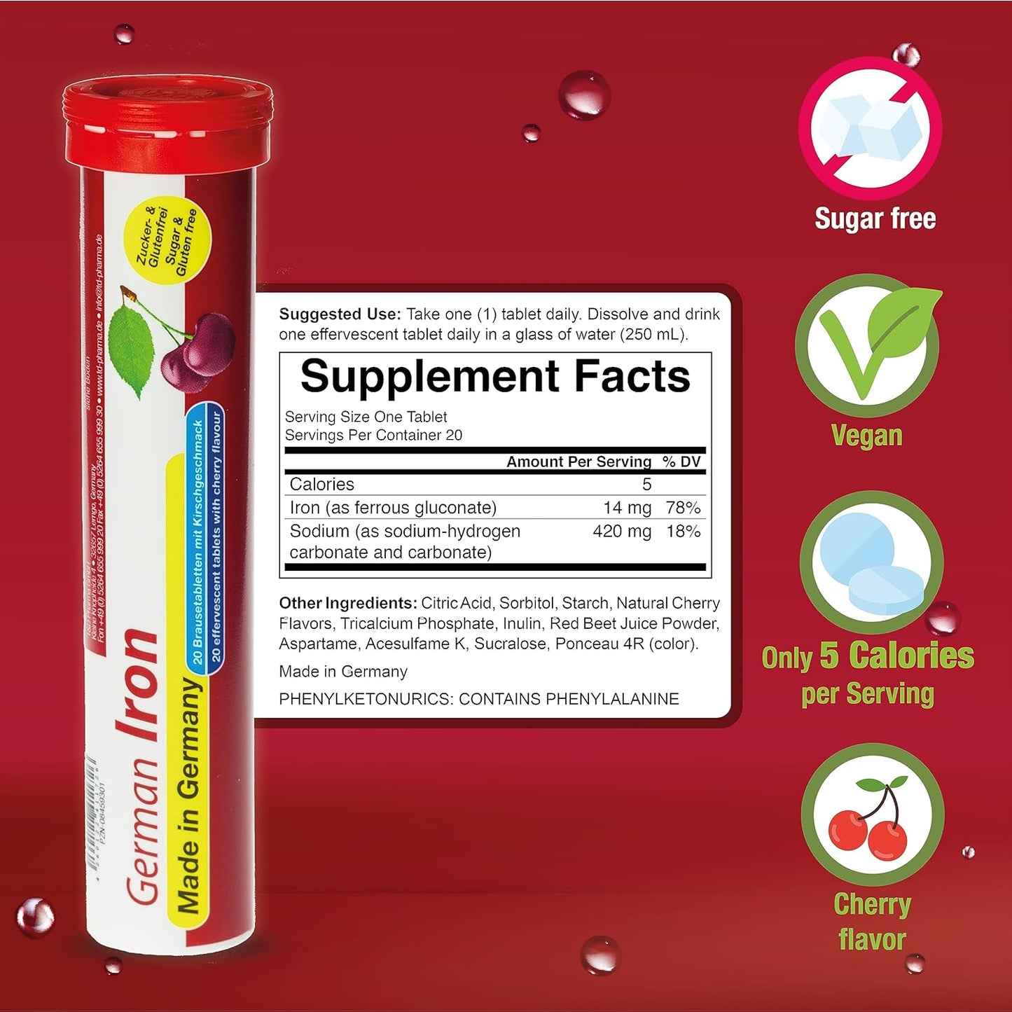 100 Vegan Effervescent Iron Tablets - 14 mg - Cherry Flavor - Made in Germany by T&D