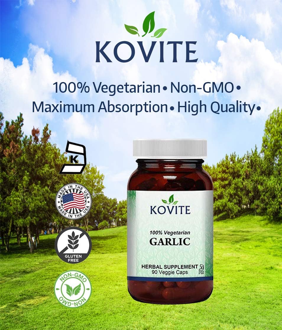 100% Vegetarian Kovite Garlic Capsules - 90 Vegetable Capsules, 500 mg