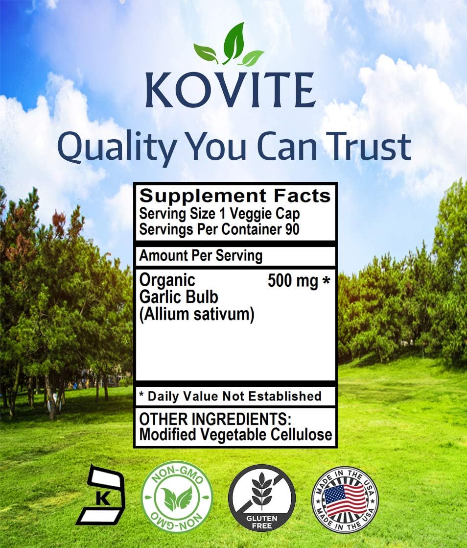 100% Vegetarian Kovite Garlic Capsules - 90 Vegetable Capsules, 500 mg