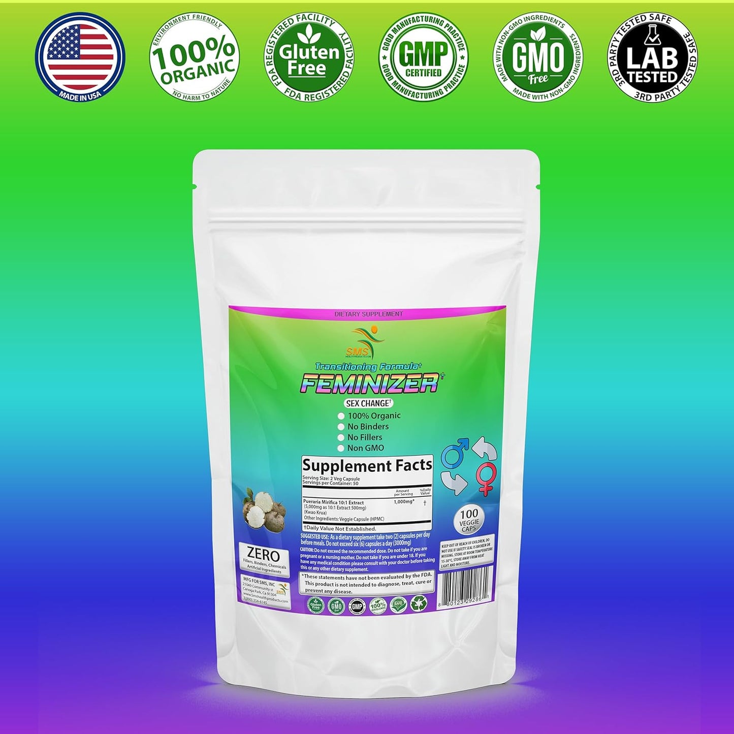 100 Veggie Caps Feminizer Sex Change Pills - 1,000mg Pueraria Mirifica Extract - Organic for Women, Transgender - SMSHEALTHPRODUCTS