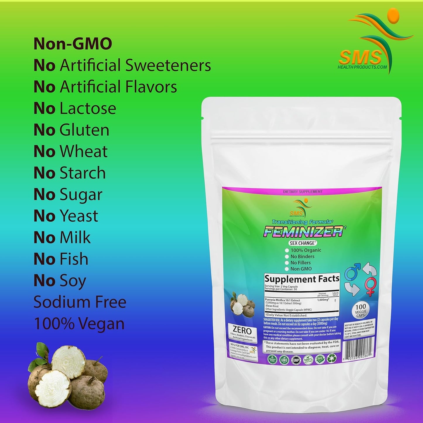 100 Veggie Caps Feminizer Sex Change Pills - 1,000mg Pueraria Mirifica Extract - Organic for Women, Transgender - SMSHEALTHPRODUCTS