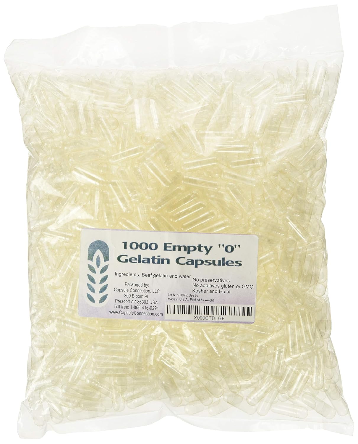 1000 Bulk "0" Empty Gelatin Capsules by Capsule Connection, Made in USA - Resealable Bag Included