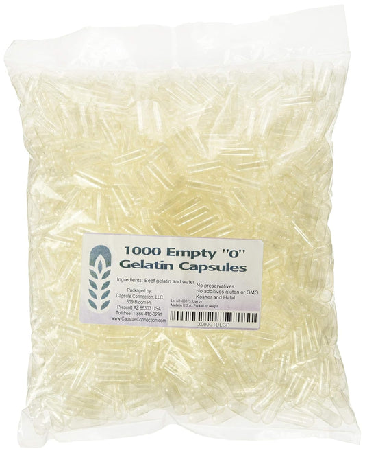 1000 Bulk "0" Empty Gelatin Capsules by Capsule Connection, Made in USA - Resealable Bag Included
