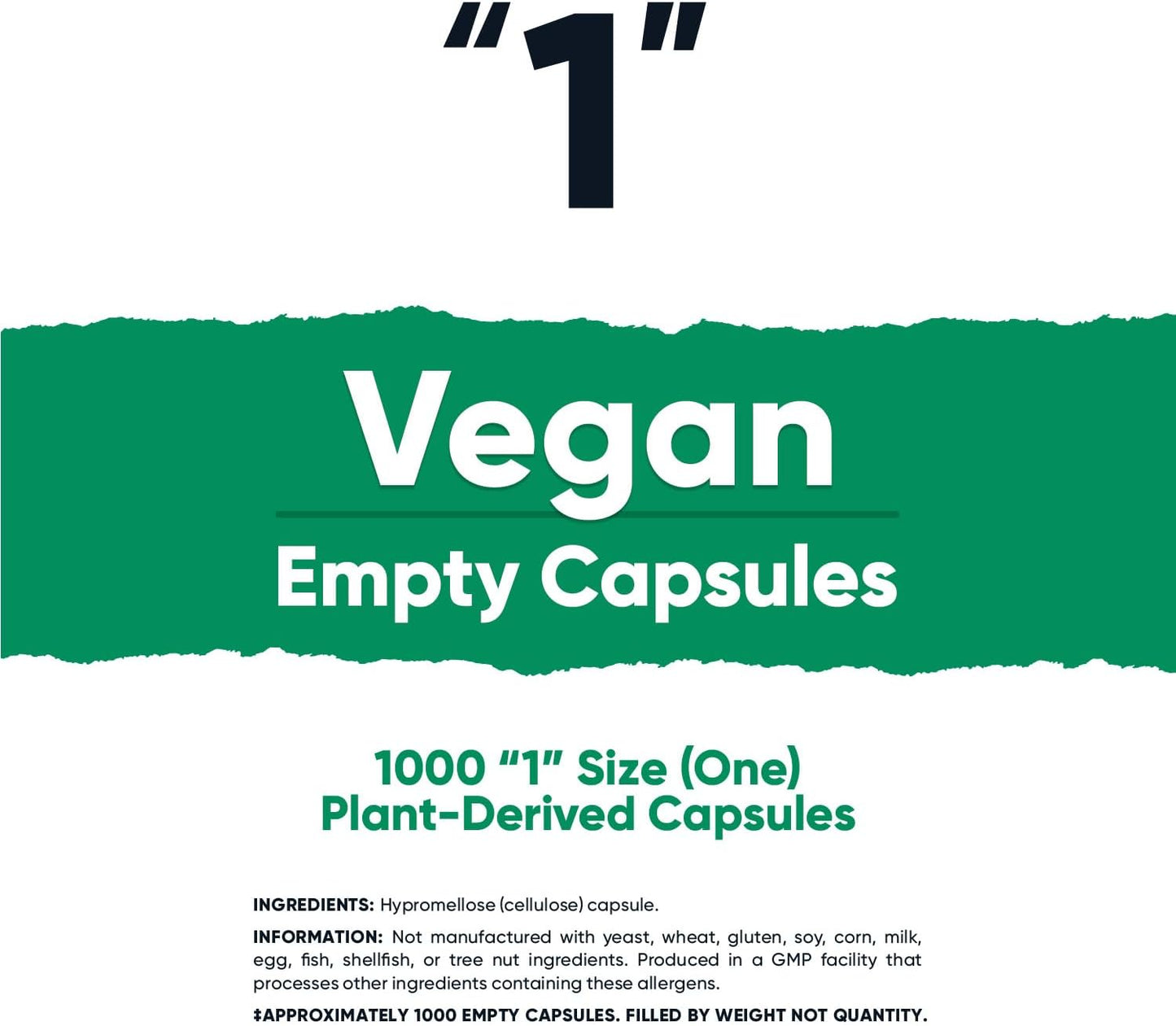 1000 Clear Size 1 Vegan Plant-Based Empty Capsules - Kosher, Halal, Non-GMO, Soy & Gluten Free