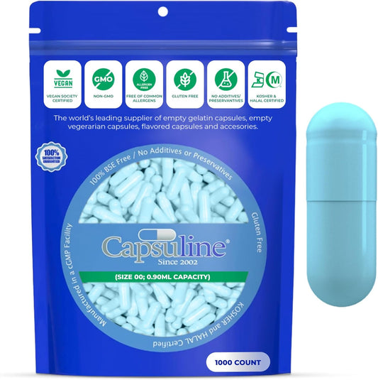 1000 Count Aqua Blue Size 00 Vegan Empty Capsules - DIY Vegetable Capsule Filling - Non-GMO, Kosher, Halal - Capsuline Colored Veggie Pill Caps