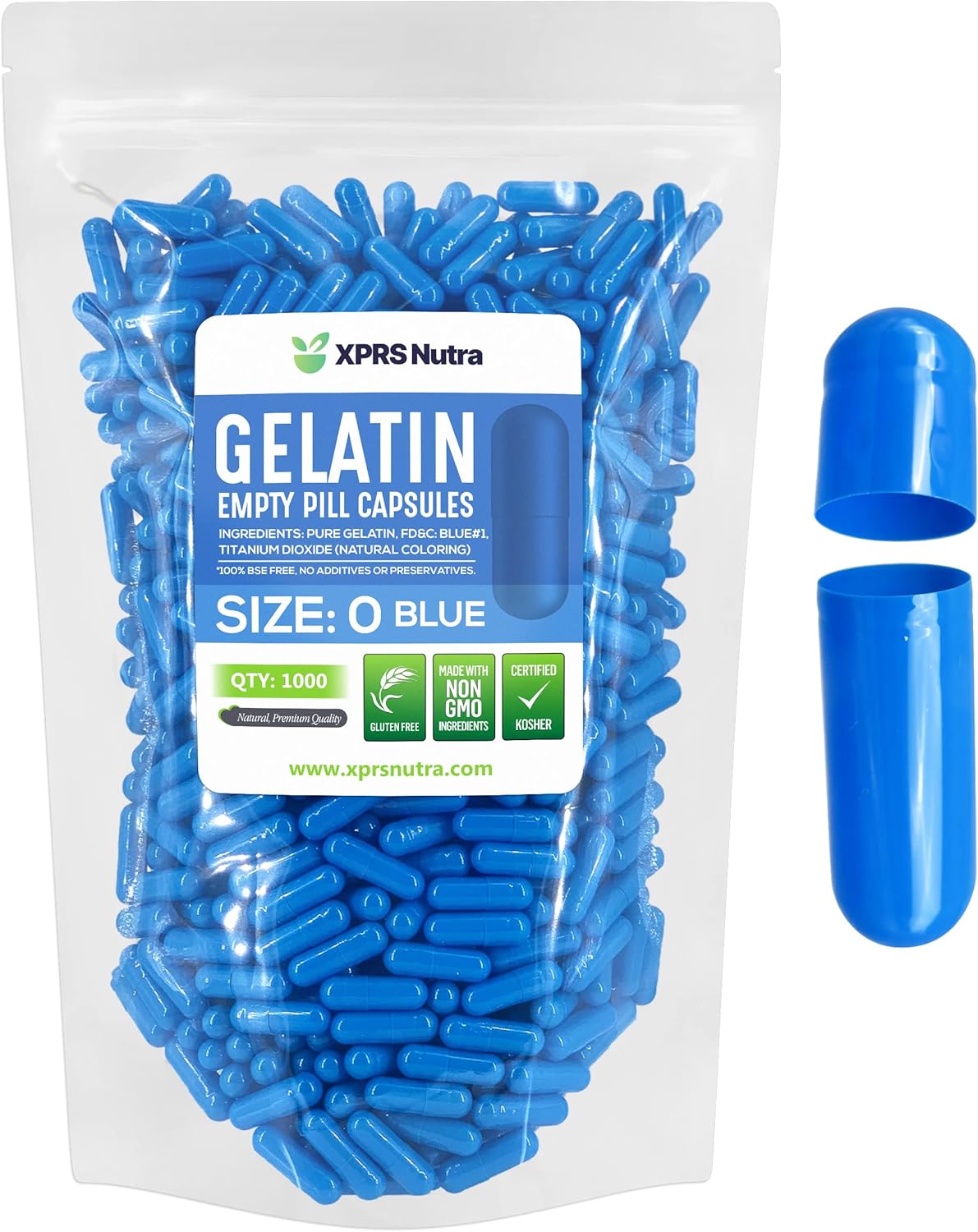 1000 Count Blue Empty Gelatin Capsules for DIY Capsule Filling - Size 0 Pure Bovine Pill Capsules by XPRS Nutra