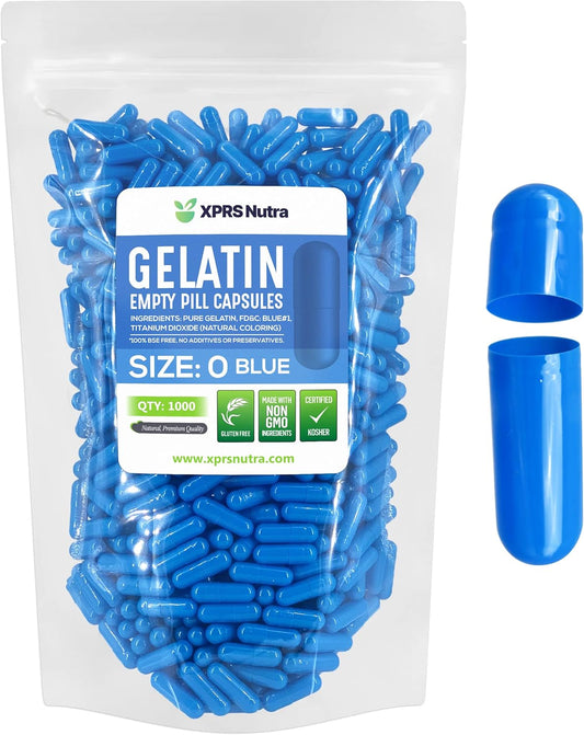 1000 Count Blue Empty Gelatin Capsules for DIY Capsule Filling - Size 0 Pure Bovine Pill Capsules by XPRS Nutra