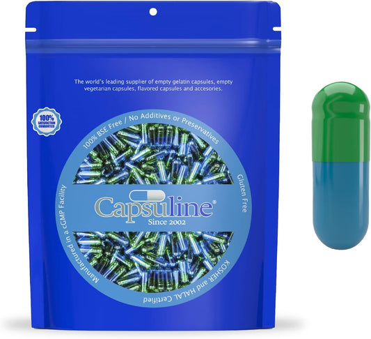 1000 Count Capsuline Size 3 Colored Empty Gelatin Capsules in Green/Blue - Kosher & Halal Certified, Gluten Free