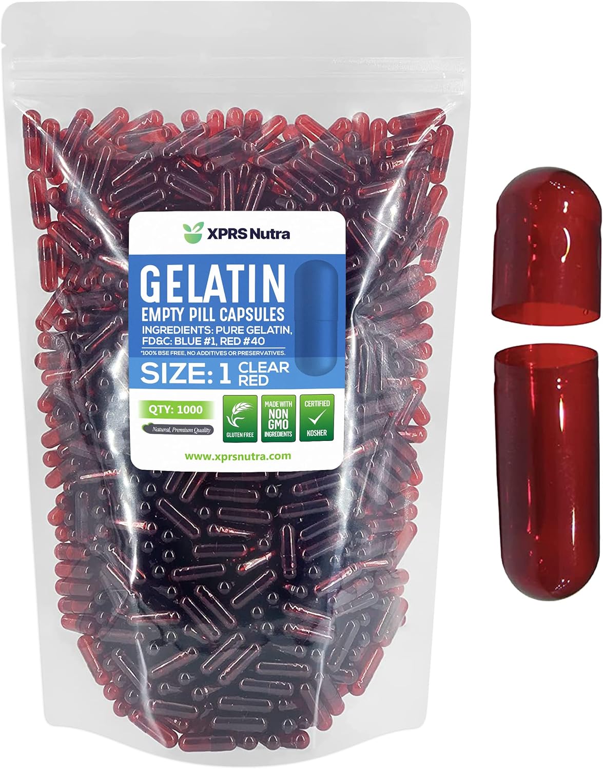 1000 Count Clear Red Colored Gelatin Empty Capsules for DIY Supplement Filling - Size 1 Empty Pill Capsules by XPRS Nutra