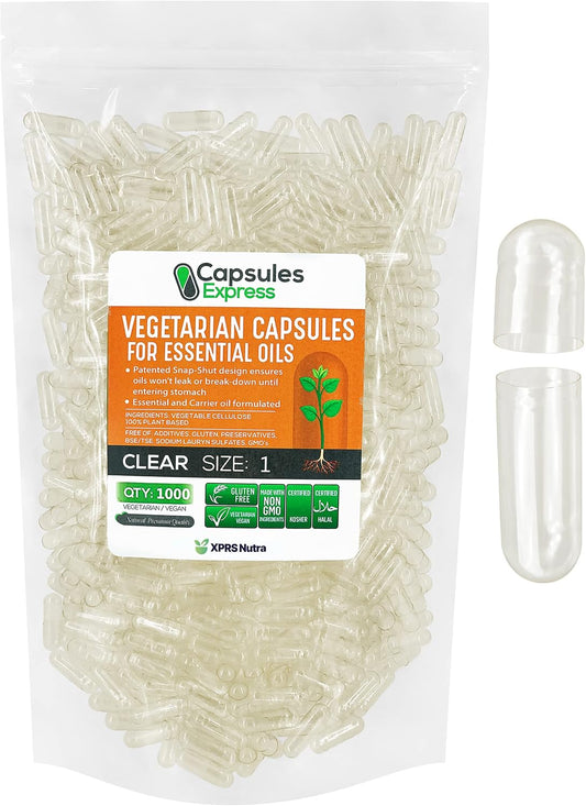 1000 Count Clear Vegan Capsules for Essential Oils - XPRS Nutra Size 1 Empty Veggie Capsules - DIY Oil Filling with Most Oils