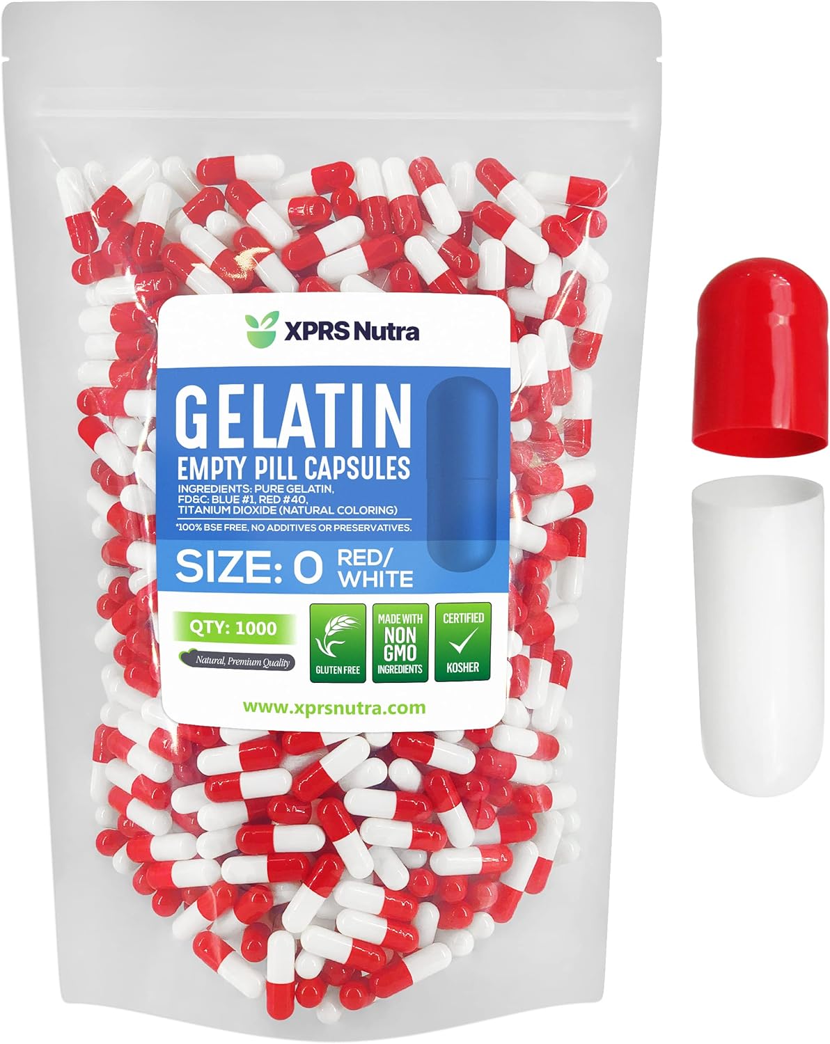 1000 Count Empty Gelatin Capsules for DIY Capsule Filling - Pure Bovine Size 0 Empty Pill Capsules in Red/White - XPRS Nutra Size 0 Empty Gel Caps