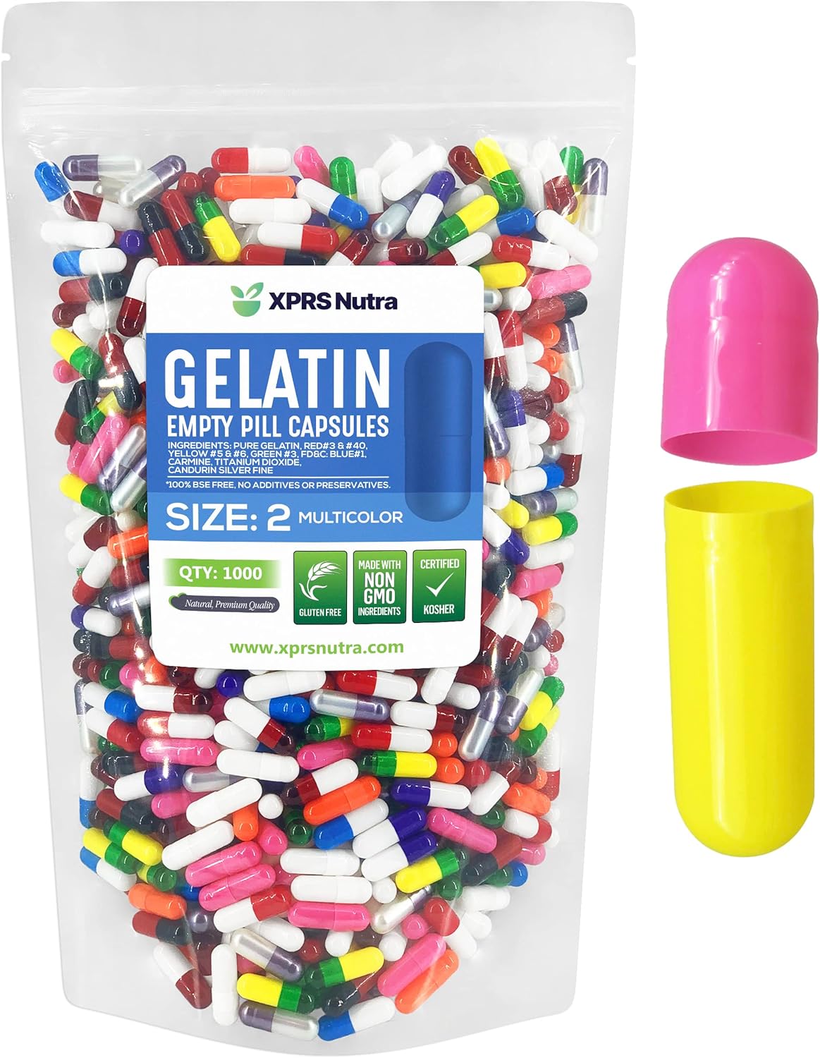 1000 Count Empty Gelatin Capsules for DIY Capsule Filling - Pure Bovine Pill Capsules - XPRS Nutra Size 2 Empty Capsules - Multi Color