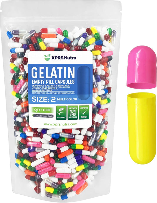 1000 Count Empty Gelatin Capsules for DIY Capsule Filling - Pure Bovine Pill Capsules - XPRS Nutra Size 2 Empty Capsules - Multi Color