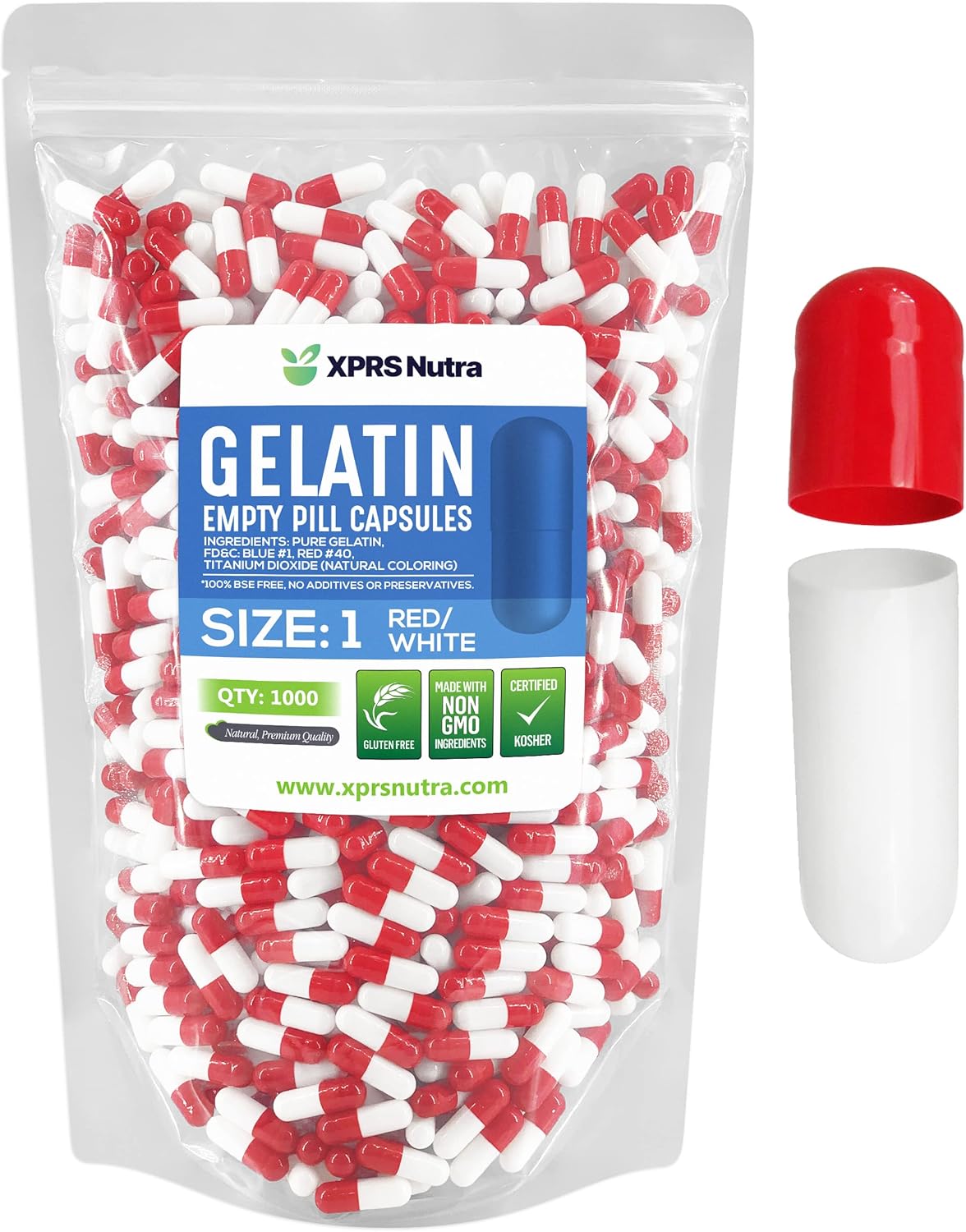 1000 Count Empty Gelatin Capsules for DIY Capsule Filling - Pure Bovine Pill Capsules - Red/White Empty Gel Caps - Size 1