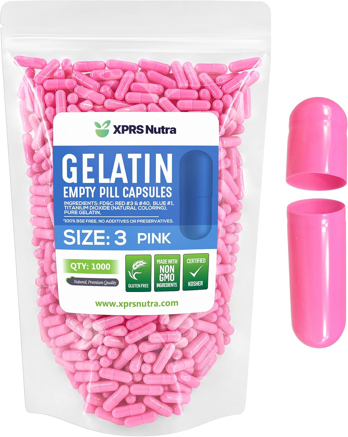 1000 Count Empty Gelatin Capsules for DIY Capsule Filling - Pure Bovine Pill Capsules - XPRS Nutra Size 3 Empty Capsules in Pink